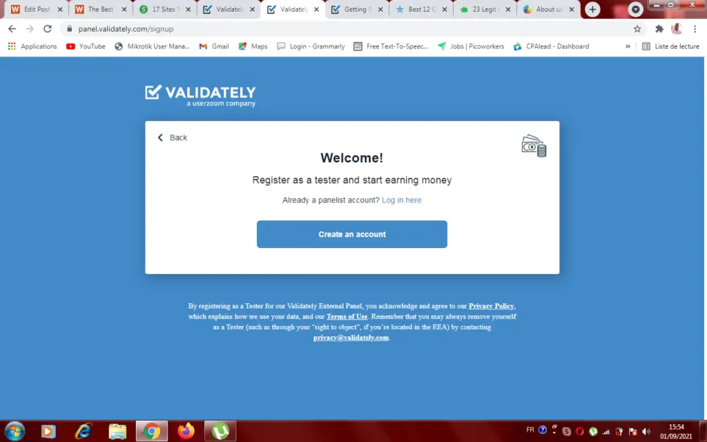 validately homepage. a website to get paid to test out website